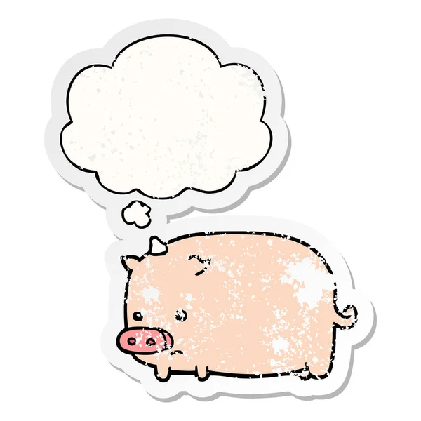 Nettes Cartoon-Schwein und Gedankenblase als verschlissener Aufkleber — Stockvektor