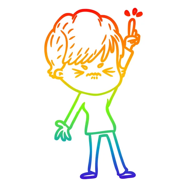 Linea gradiente arcobaleno disegno cartone animato donna frustrato — Vettoriale Stock