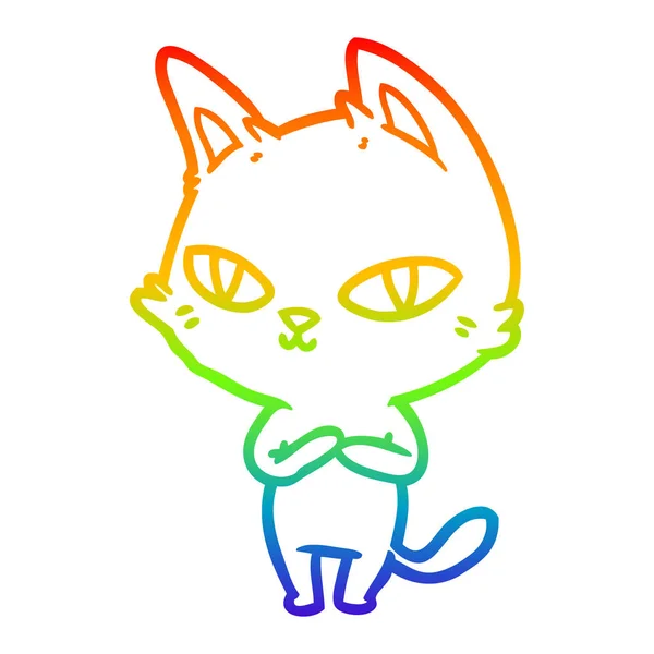 Arco iris gradiente línea dibujo dibujos animados gato mirando — Vector de stock