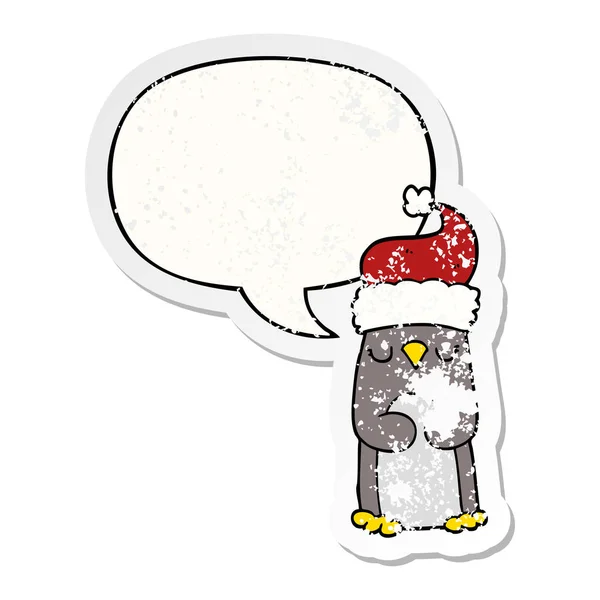 Мультяшный пингвин Рождества и словесная наклейка "пузырь" — стоковый вектор