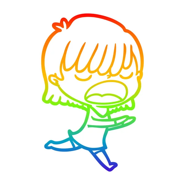 Rainbow gradient line drawing cartoon woman talking loudly — Stock Vector