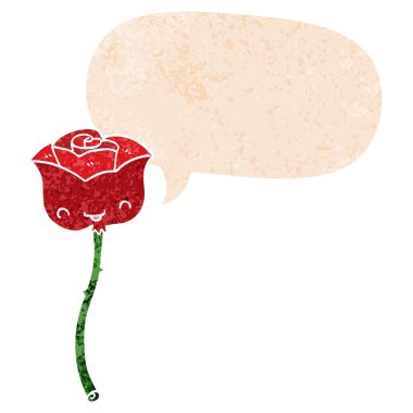 retro dokulu tarzda karikatür gül ve konuşma balonu