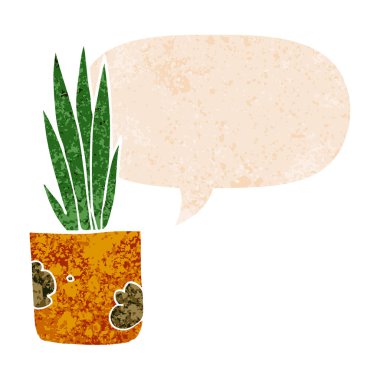 retro dokulu tarzda karikatür ev bitki ve konuşma balonu