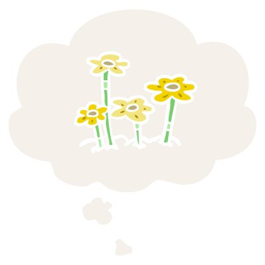 karikatür çiçek ve retro tarzında düşünce balonu