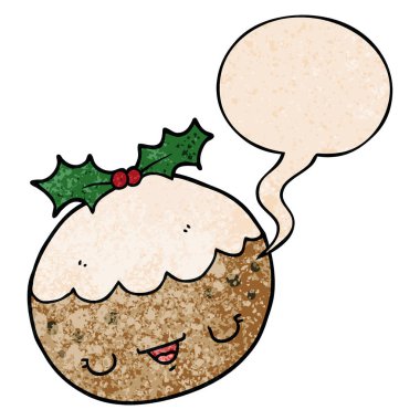 retro textur sevimli karikatür noel puding ve konuşma balonu