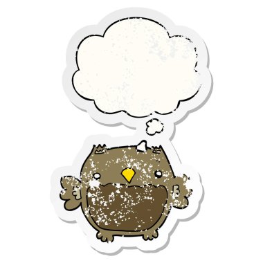 karikatür baykuş ve sıkıntılı yıpranmış etiket olarak kabarcık düşünce