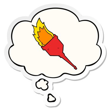 karikatür yanan meşale ve baskılı bir etiket olarak kabarcık düşünce