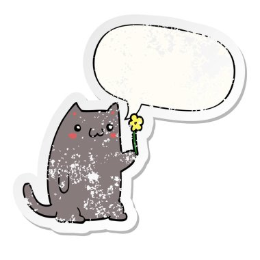 sevimli karikatür kedi ve konuşma balonu sıkıntılı etiket