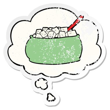 karikatür şeker kase ve sıkıntılı bir yıpranmış sopa olarak kabarcık düşünce