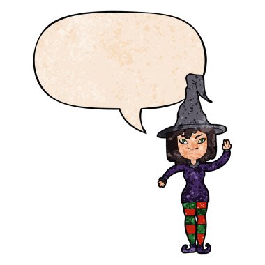 retro doku tarzında karikatür cadı ve konuşma balonu