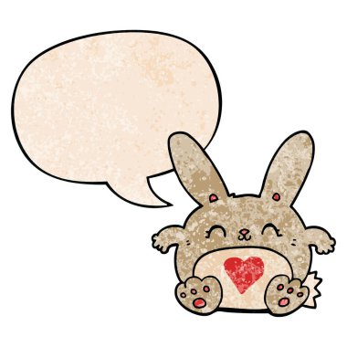 sevimli karikatür tavşan ve retro te kalp ve konuşma balonu aşk