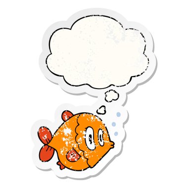 karikatür balık ve sıkıntılı yıpranmış etiket olarak kabarcık düşünce