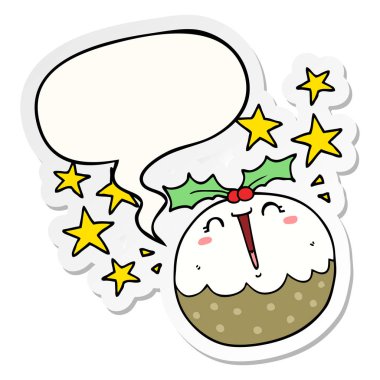 sevimli karikatür mutlu noel puding ve konuşma kabarcık etiket