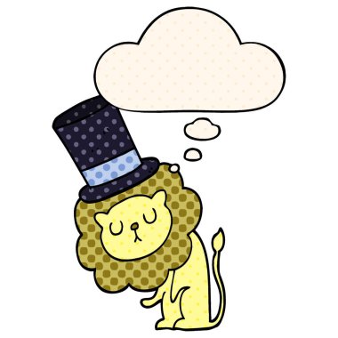 sevimli karikatür aslan üst şapka giyen ve komik bo kabarcık düşünce