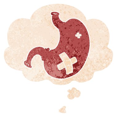 retro dokulu tarzda karikatür mide ve düşünce balonu