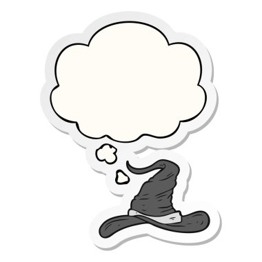 karikatür sihirbazları şapka ve baskılı bir etiket olarak kabarcık düşünce