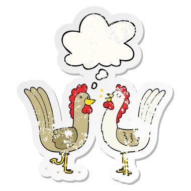 karikatür tavuk ve sıkıntılı yıpranmış etiket olarak kabarcık düşünce