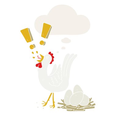 retro tarzında karikatür tavuk yumurtlama yumurta ve düşünce balonu