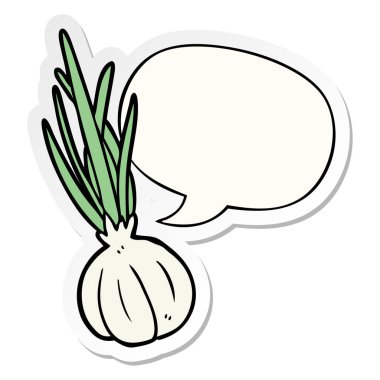 karikatür sarımsak ampul ve konuşma kabarcık etiket