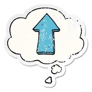 karikatür ok ve sıkıntılı yıpranmış etiket olarak kabarcık düşünce