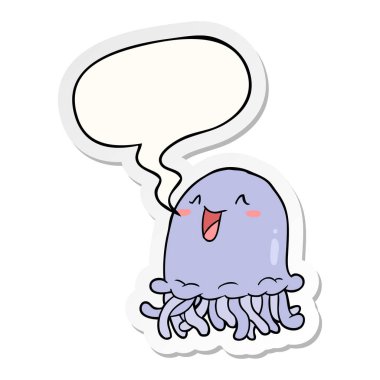 mutlu karikatür denizanası ve konuşma kabarcık etiket