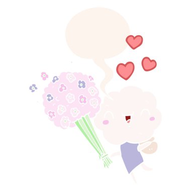 retro stilil sevimli karikatür bulut kafa yaratık ve konuşma balonu