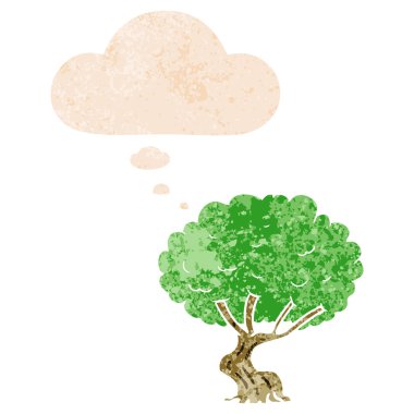 retro dokulu tarzında karikatür ağacı ve düşünce balonu