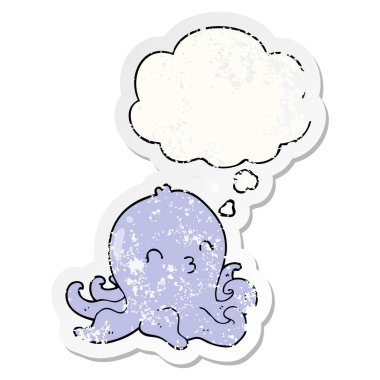 karikatür ahtapot ve sıkıntılı yıpranmış etiket olarak kabarcık düşünce