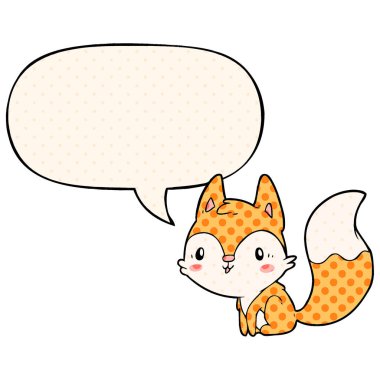 çizgi roman tarzında sevimli karikatür tilki ve konuşma balonu