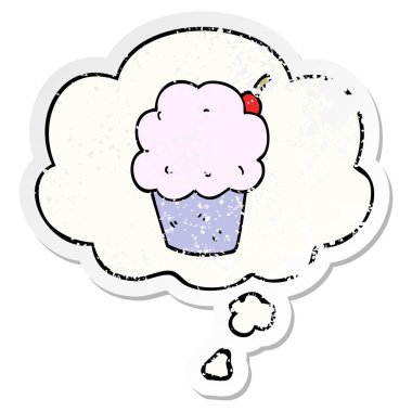 karikatür cupcake ve sıkıntılı yıpranmış etiket olarak kabarcık düşünce