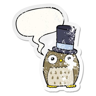 çizgi film baykuş üst şapka ve konuşma balonu sıkıntılı etiket giyiyor