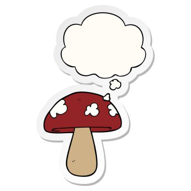karikatür mantar ve baskılı bir etiket olarak kabarcık düşünce