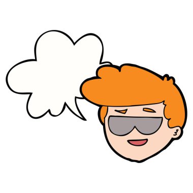 güneş gözlüğü ve konuşma balonu giyen karikatür çocuk