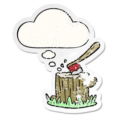 ağaç kütüğü nde karikatür balta ve sıkıntılı bir wor olarak kabarcık düşünce