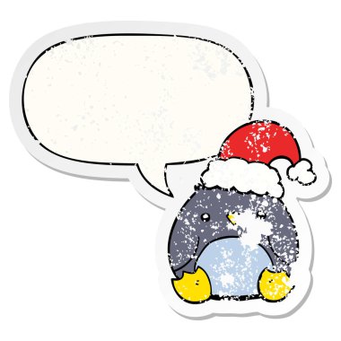 sevimli karikatür penguen noel şapka ve konuşma kabarcık dis giyen