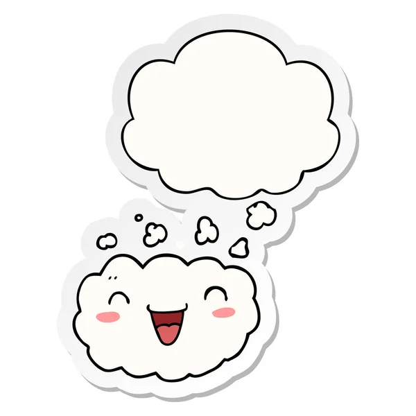 Nube de dibujos animados feliz y burbuja de pensamiento como una pegatina impresa — Vector de stock