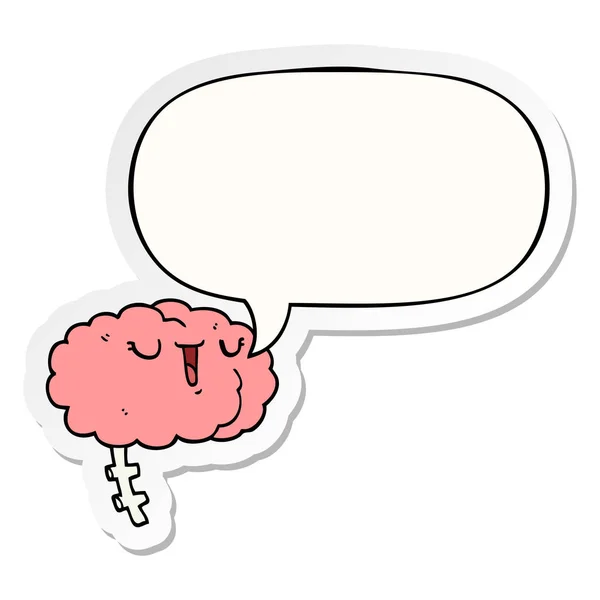 Happy cartoon brain and speech bubble sticker — Stock Vector