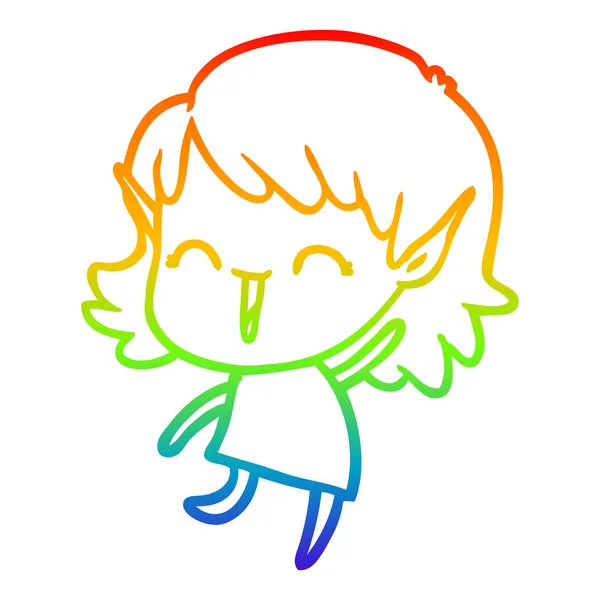 Arco iris gradiente línea dibujo dibujos animados elfo chica — Vector de stock