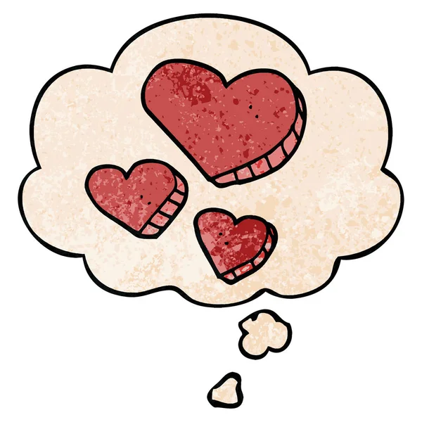 Dibujos animados amor corazones y pensamiento burbuja en grunge textura patrón — Vector de stock