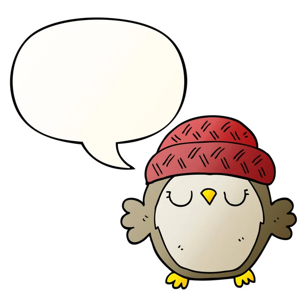 Mignon dessin animé hibou dans chapeau et parole bulle dans lisse dégradé sty — Image vectorielle