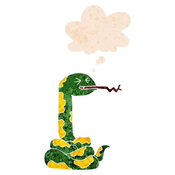 Desenho animado sibilando serpente e pensamento bolha no estilo retro texturizado — Vetor de Stock