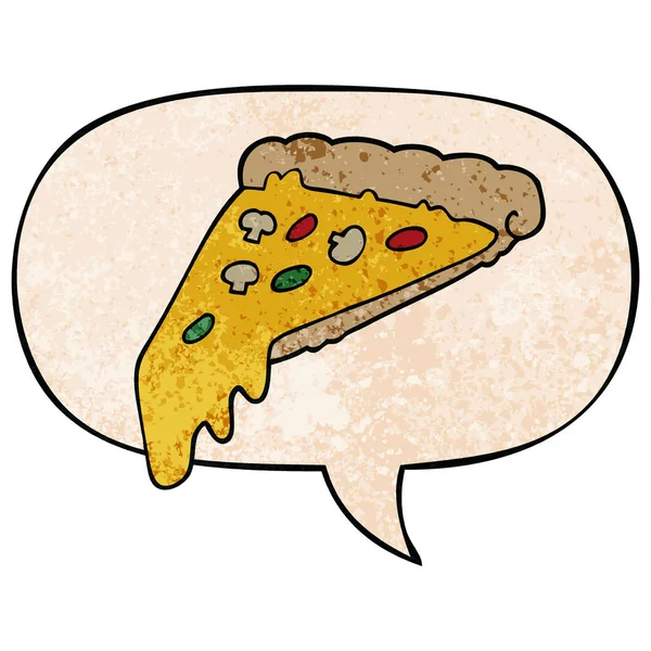 Cartoon pizza slice en Speech bubble in retro textuur stijl — Stockvector