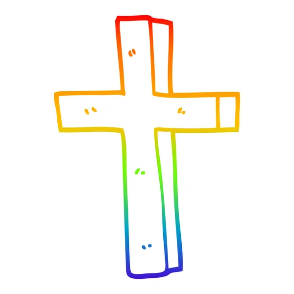 Linea gradiente arcobaleno disegno cartone animato croce d'oro — Vettoriale Stock
