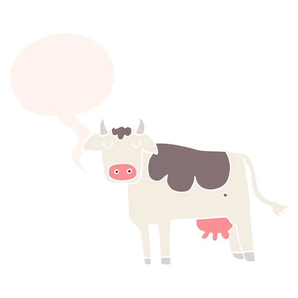 Cartoon cow and speech bubble in retro style — Stock Vector