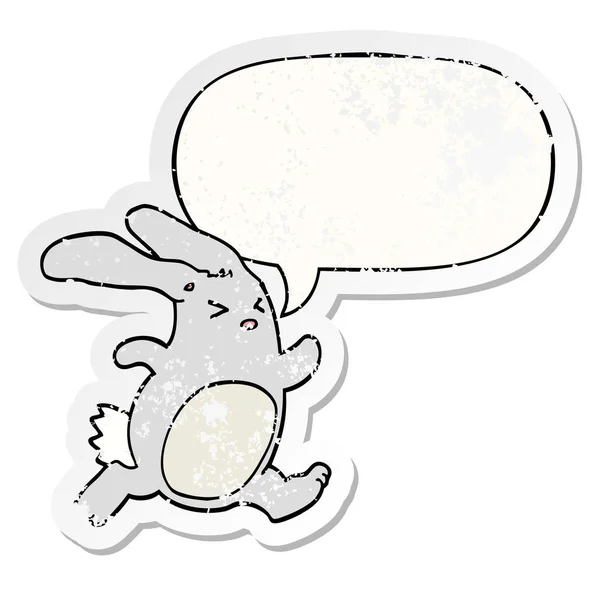 Adesivi coniglio cartone animato e bolla vocale angosciato — Vettoriale Stock