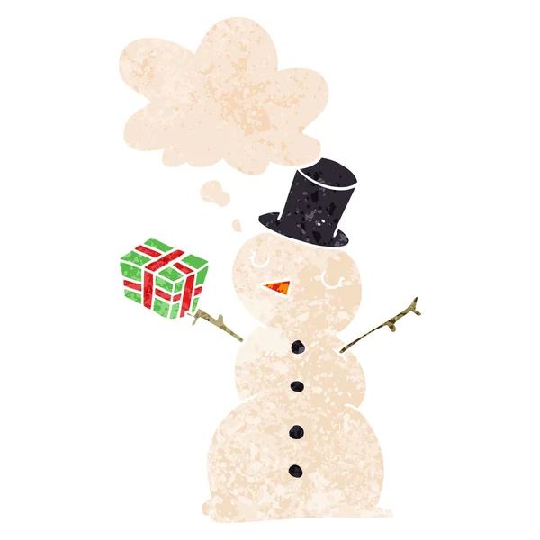 Cartoon snowman and thought bubble in retro textured style — Stock Vector