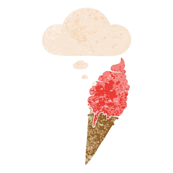 Crème glacée dessin animé et bulle de pensée dans un style texturé rétro — Image vectorielle