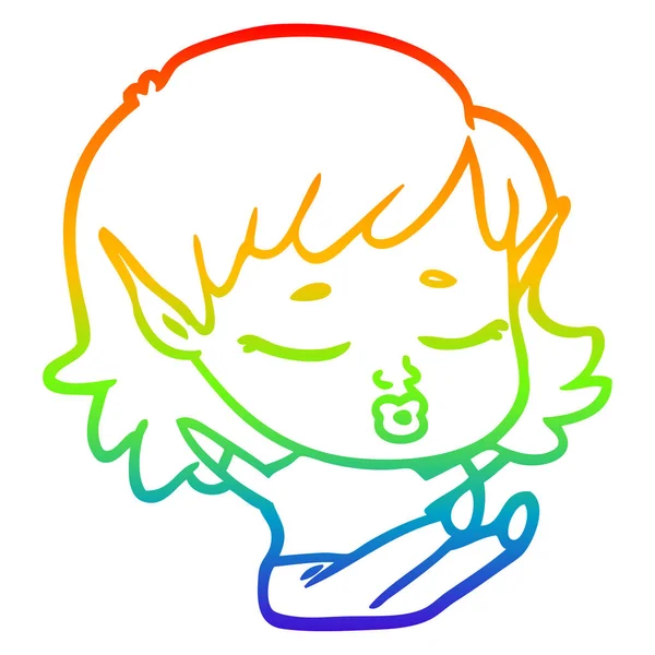 Regenboog gradiënt lijntekening pretty cartoon elf meisje zittend — Stockvector