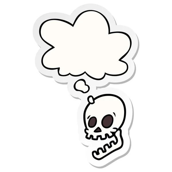 Laughing skull cartoon and thought bubble as a printed sticker — Stock Vector