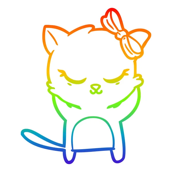 Regenboog gradiënt lijntekening cute cartoon kat met strik — Stockvector